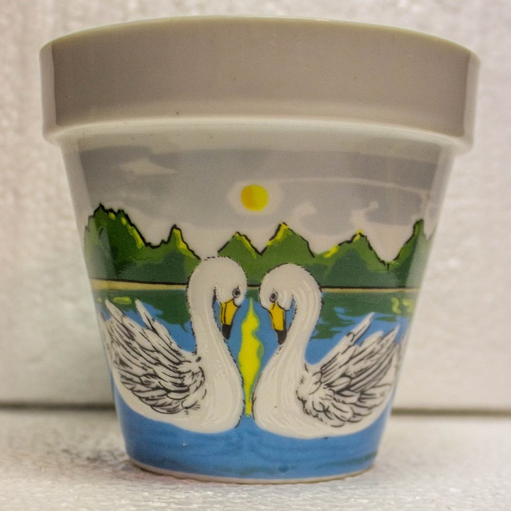 Ceramic Vase Planter Pot Colorful Swans Made in Japan